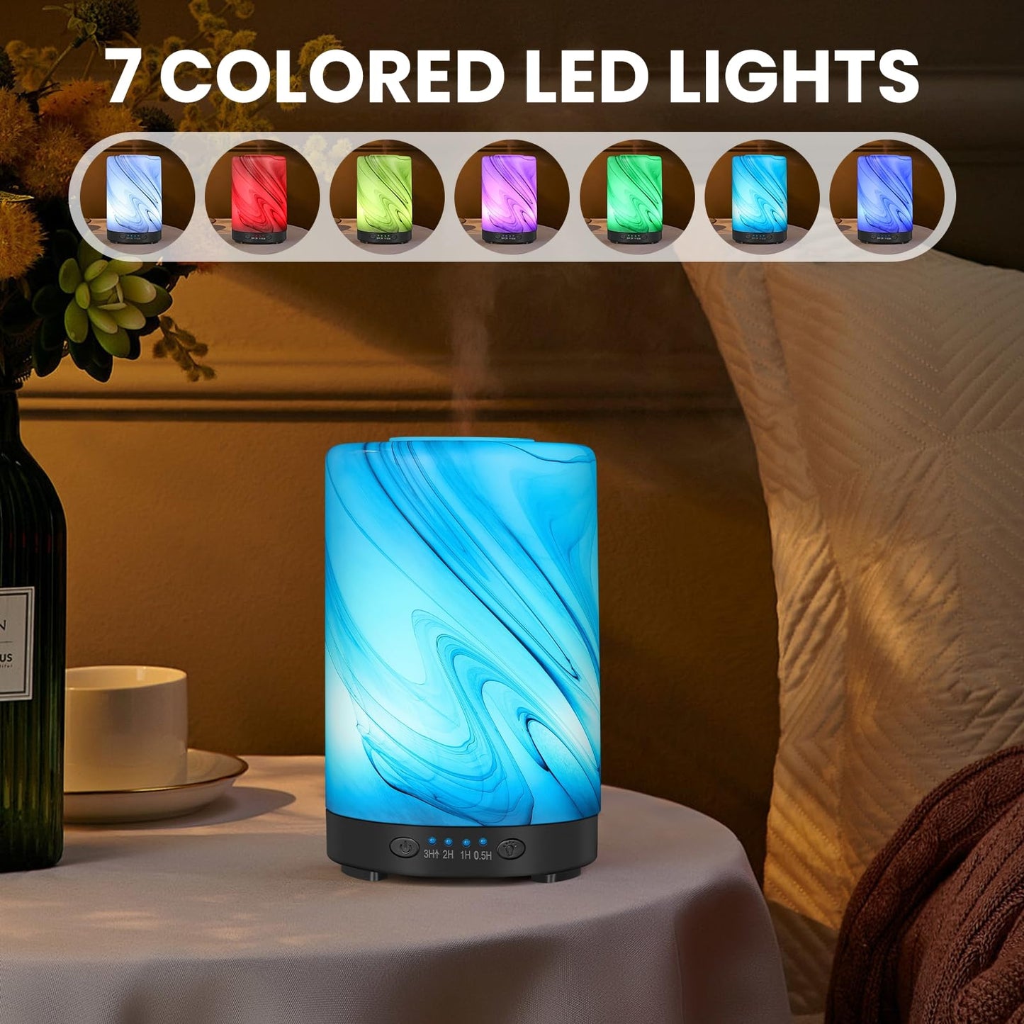 Glass Essential Oil Diffuser 120ml – Gray Wave, 7-Color Lights, Auto Shut-Off, 4 Timers