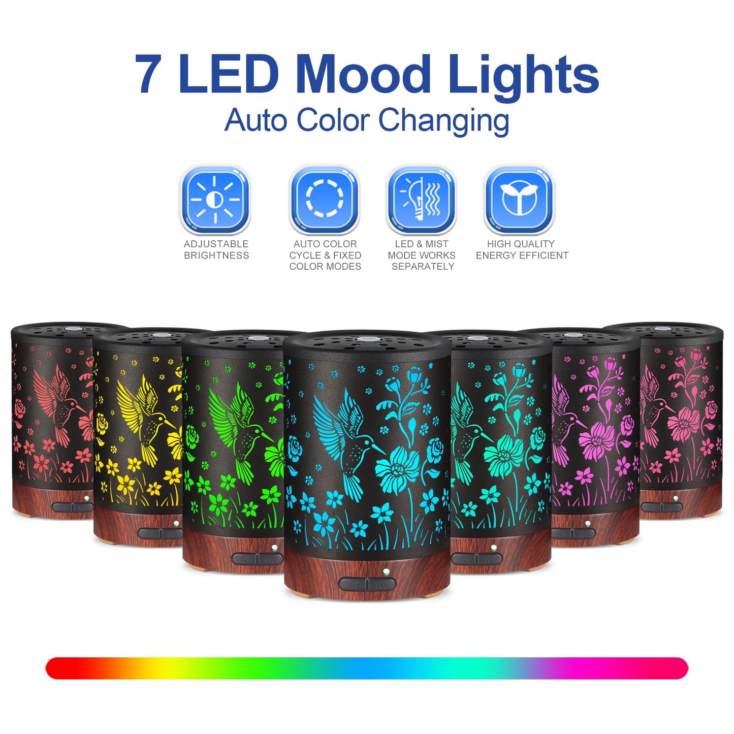 Essential Oil Diffuser with 7 Color Lights – Auto-Off, Cool Mist Humidifier | Home & Office | Hummingbird