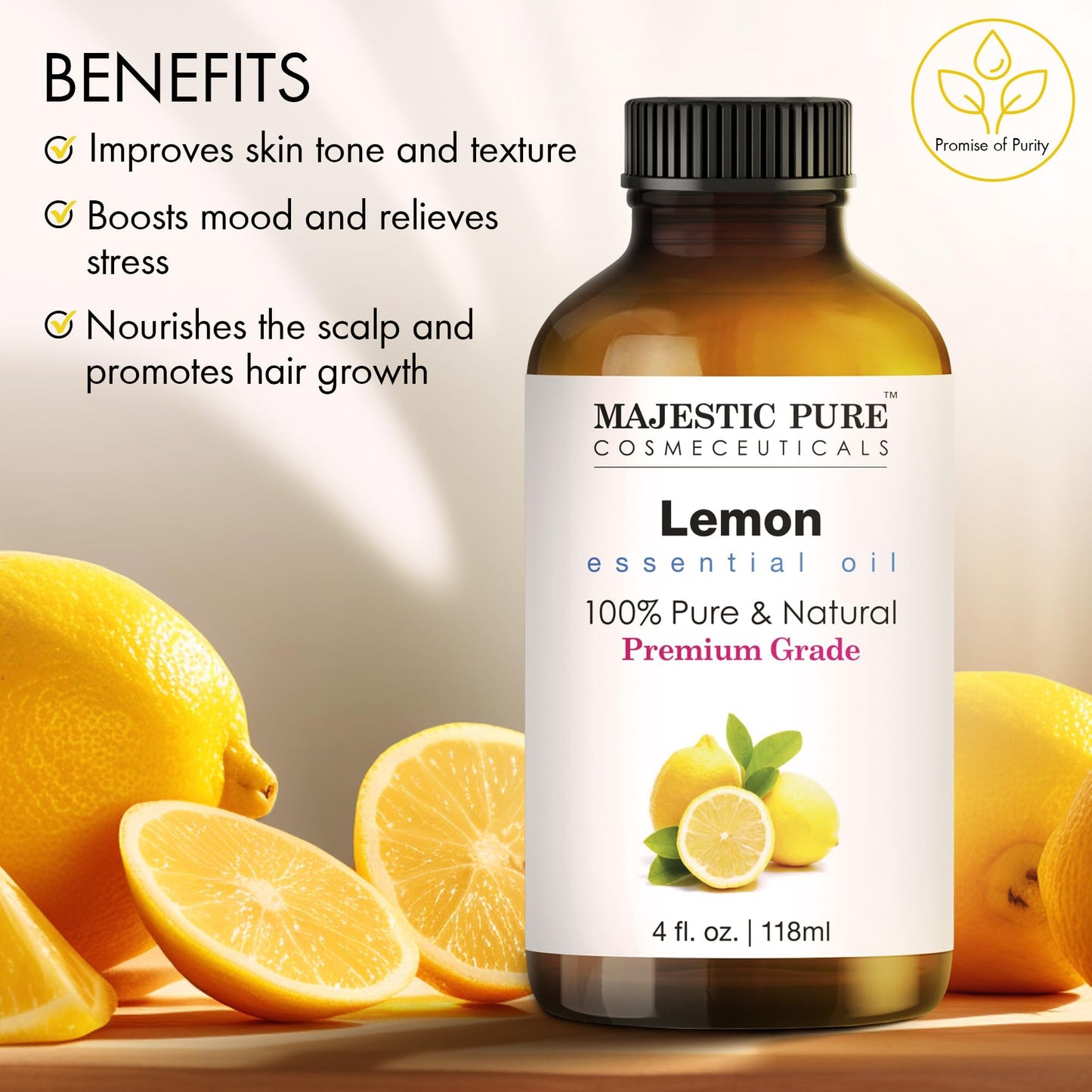 Majestic Pure Lemon Essential Oil - Glass Dropper, 100% Pure & Natural, 4 Fl Oz