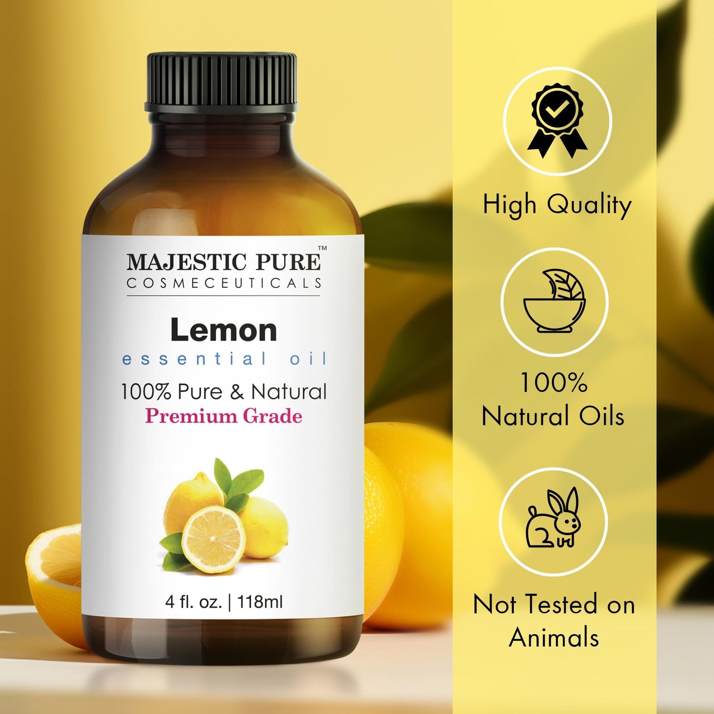 Majestic Pure Lemon Essential Oil - Glass Dropper, 100% Pure & Natural, 4 Fl Oz