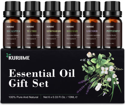 Essential Oil Set - Top 6 Aromatherapy Diffuser Oils (Peppermint, Lavender, Lemongrass, Eucalyptus, Rosemary, Tea Tree) 10ml