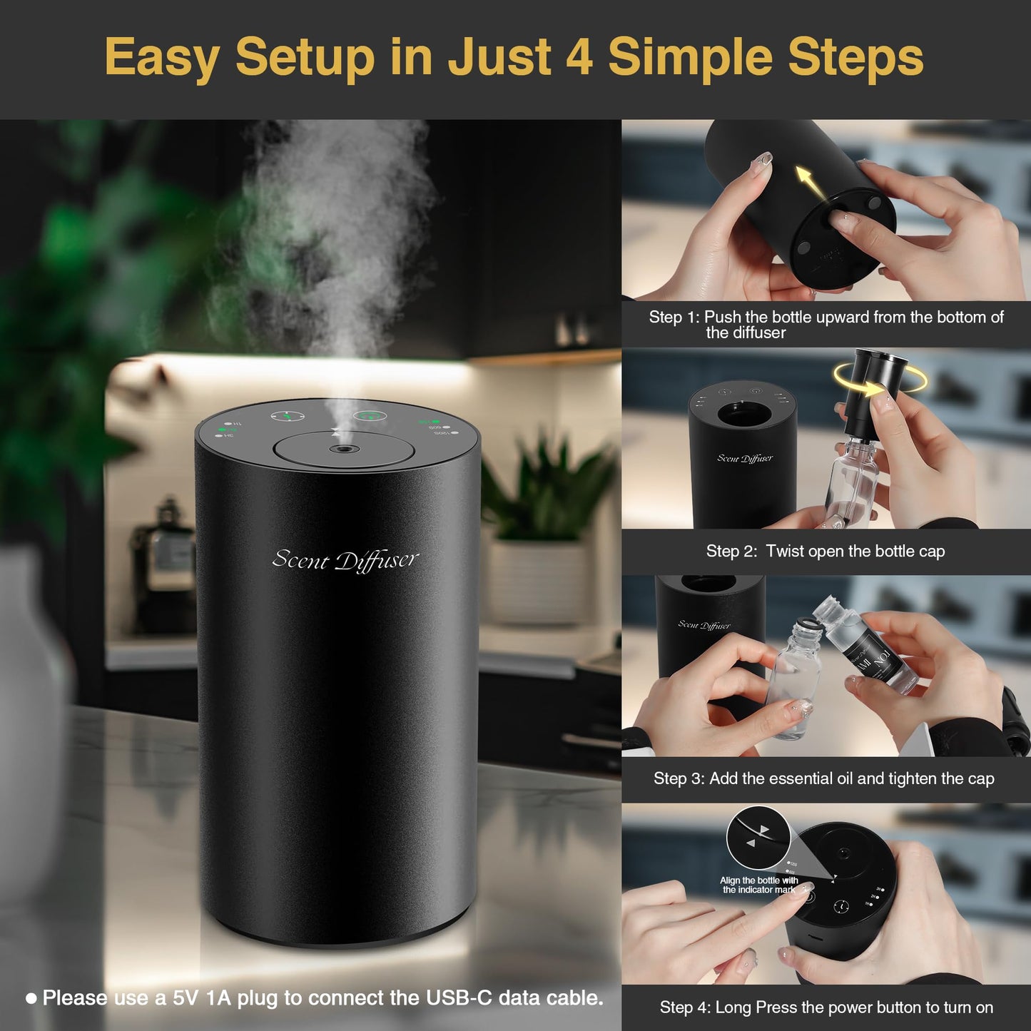 Waterless Essential Oil Diffuser Starter Kit - 2 Pack, Battery Operated, No Water Needed, 3x20ml Oils, Matte Black