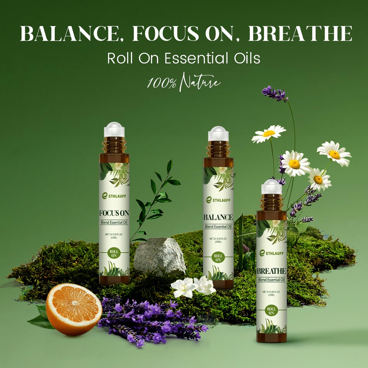 Essential Oils Roll On Set 3 Pack – Breathe, Focus On & Balance (3 x 10ml)