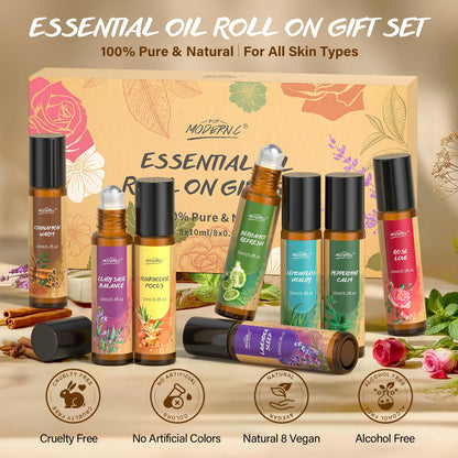 Essential Oils Roll-On Set for Women – 8pcs (Lavender, Frankincense, Peppermint, Bergamot, Lemongrass, Cinnamon, Rose, Clary Sage) – Gift Ready