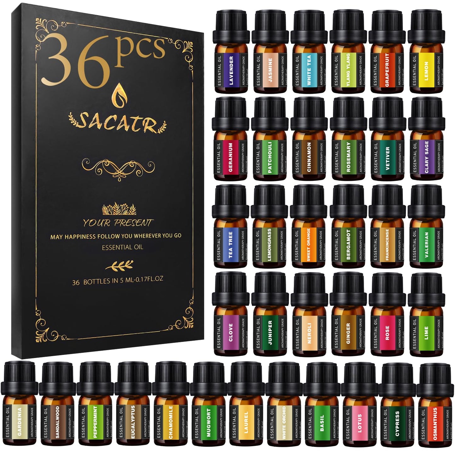 Essential Oils Set 36x5 ml for Massage, Diffuser, Humidifier, DIY Candles & Soaps