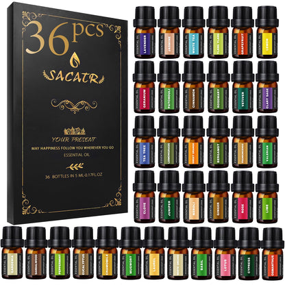 Essential Oils Set 36x5 ml for Massage, Diffuser, Humidifier, DIY Candles & Soaps