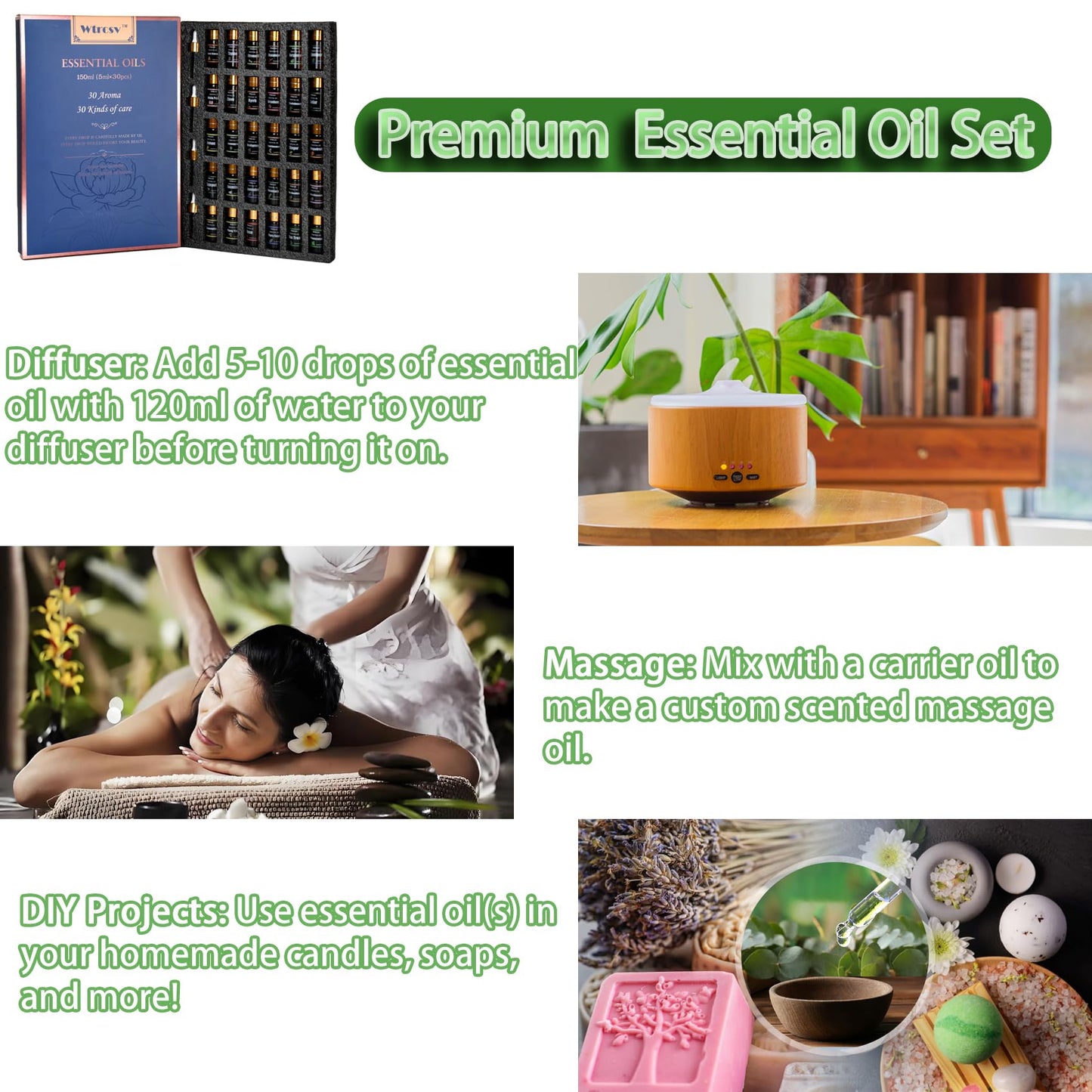 Wtrcsv Essential Oils Set 30x5 ml – Diffuser, Aromatherapy & DIY