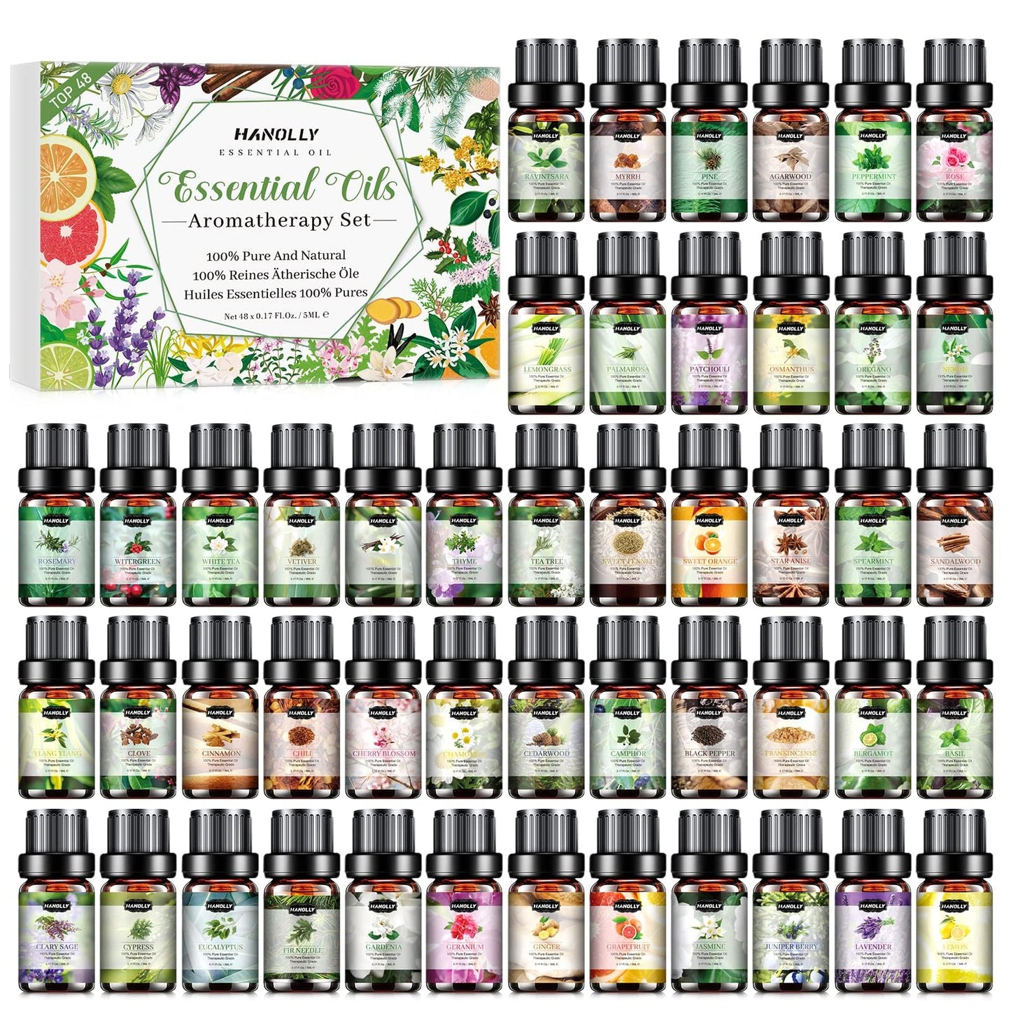 Essential Oils Set (48 x 5ml) - Aromatherapy Kit for Diffuser, Soap & Massage