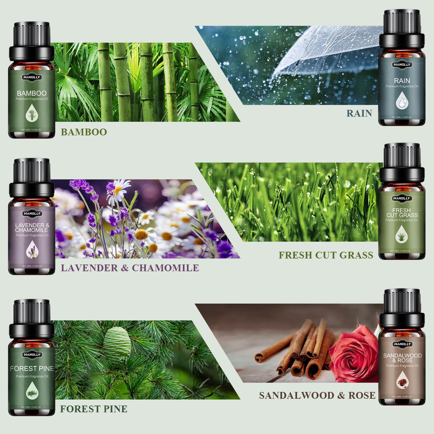 Essential Oils Set – Nature Scents Aromatherapy Kit (6x10ml) Sandalwood & Rose, Bamboo, Rain, Lavender & Chamomile, Fresh Cut Grass, Forest Pine