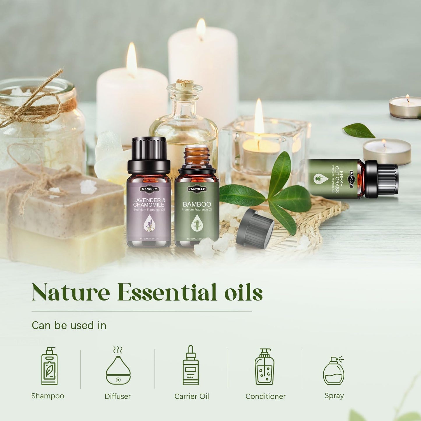 Essential Oils Set – Nature Scents Aromatherapy Kit (6x10ml) Sandalwood & Rose, Bamboo, Rain, Lavender & Chamomile, Fresh Cut Grass, Forest Pine