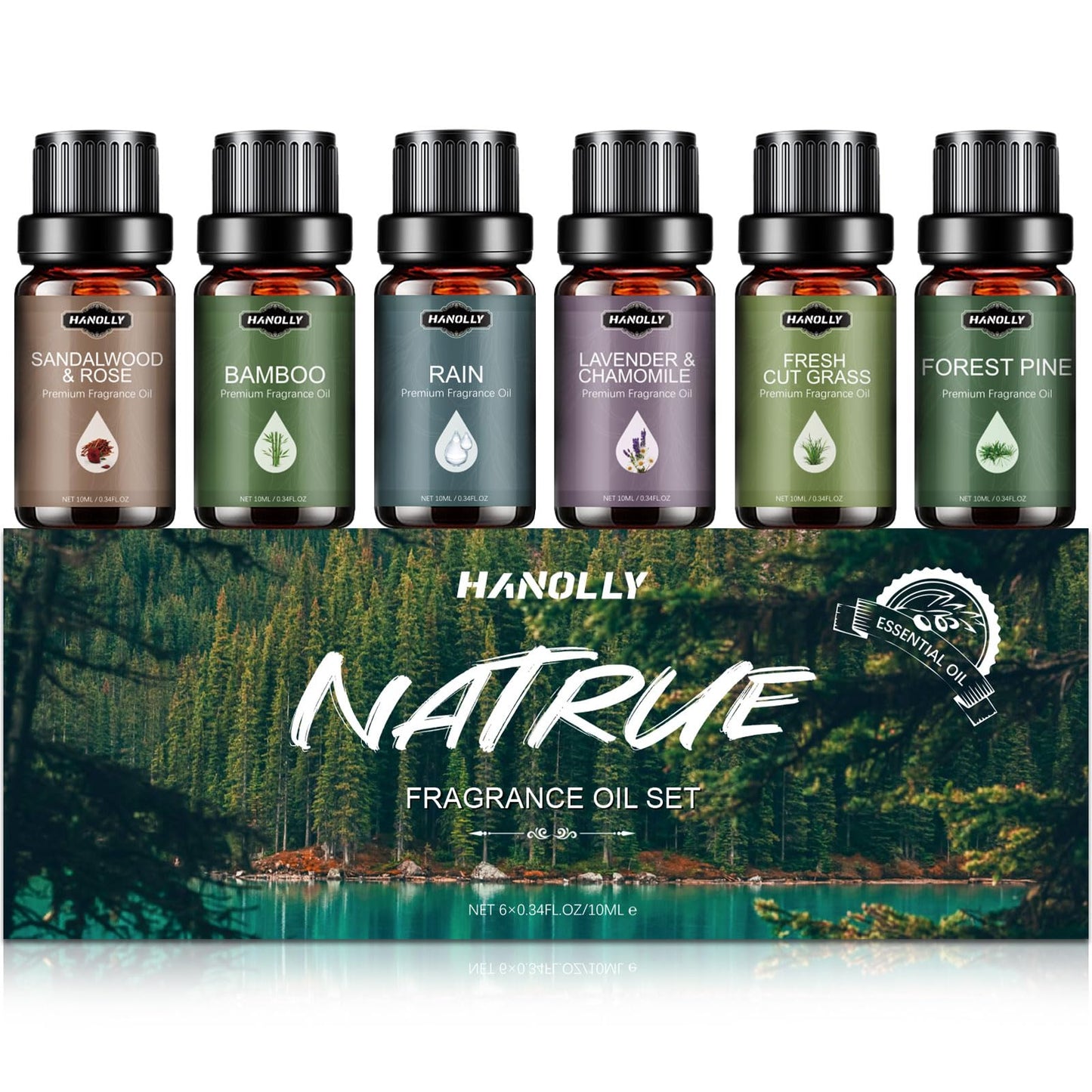 Essential Oils Set – Nature Scents Aromatherapy Kit (6x10ml) Sandalwood & Rose, Bamboo, Rain, Lavender & Chamomile, Fresh Cut Grass, Forest Pine