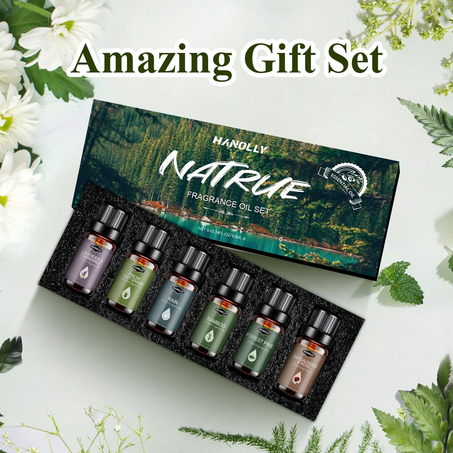 Essential Oils Set – Nature Scents Aromatherapy Kit (6x10ml) Sandalwood & Rose, Bamboo, Rain, Lavender & Chamomile, Fresh Cut Grass, Forest Pine