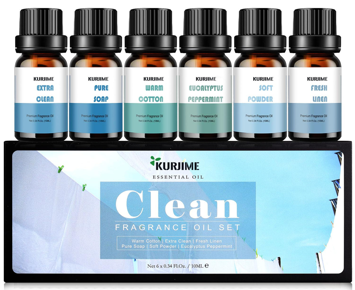 Essential Oils Set - Clean Scents for Diffuser & Aromatherapy (6x10ml): Fresh Linen, Eucalyptus Peppermint