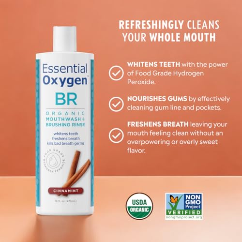 Essential Oxygen Cinnamint Mouthwash – Organic, Alcohol-Free, Whitening 16 oz