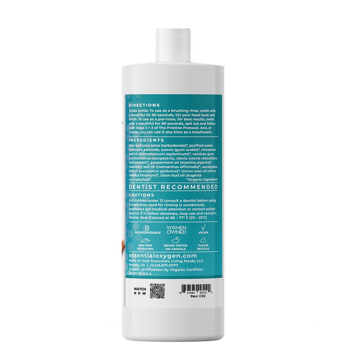 Essential Oxygen Cinnamint Mouthwash – 32 oz, Alcohol-Free Brushing Rinse