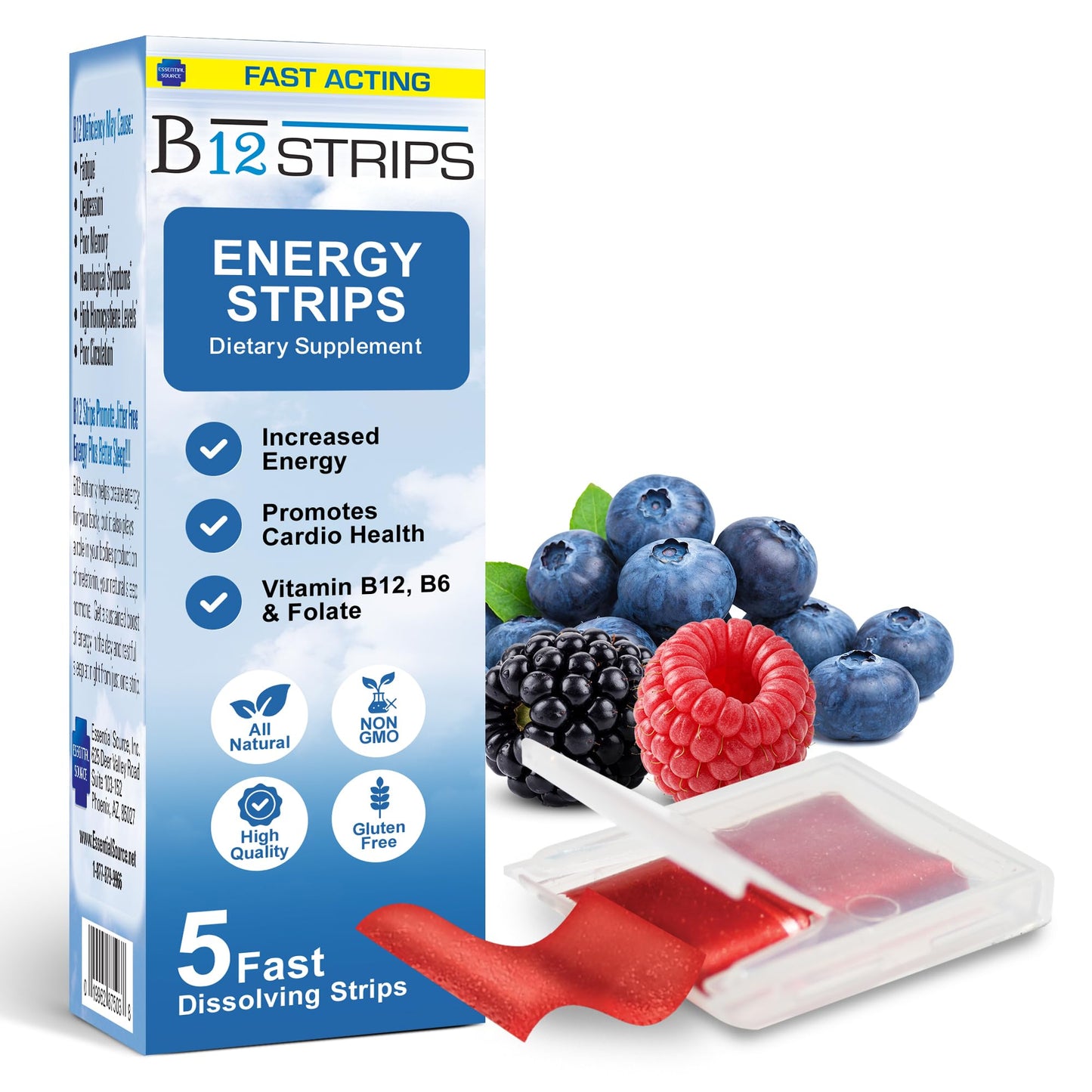Essential Source 2,000 mcg Methylcobalamin B12 Sublingual Strips – Biotin, B6, 5-MTHF (5 Strips) | Energy, Brain & Nerve Support