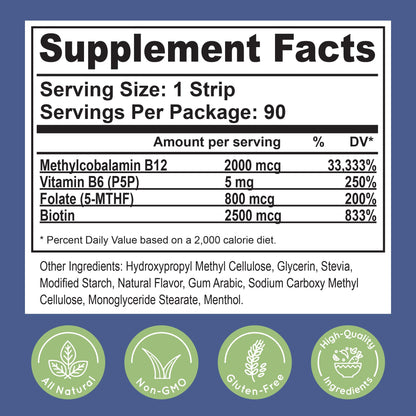 Essential Source 2,000 mcg Methylcobalamin B12 Sublingual Strips – Biotin, B6, 5-MTHF (5 Strips) | Energy, Brain & Nerve Support