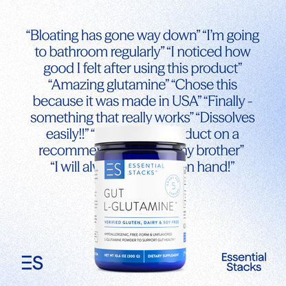 Essential Stacks Gut L-Glutamine Powder - USA Made - Pure L-Glutamine for Gut Health (60 Servings, Unflavored)