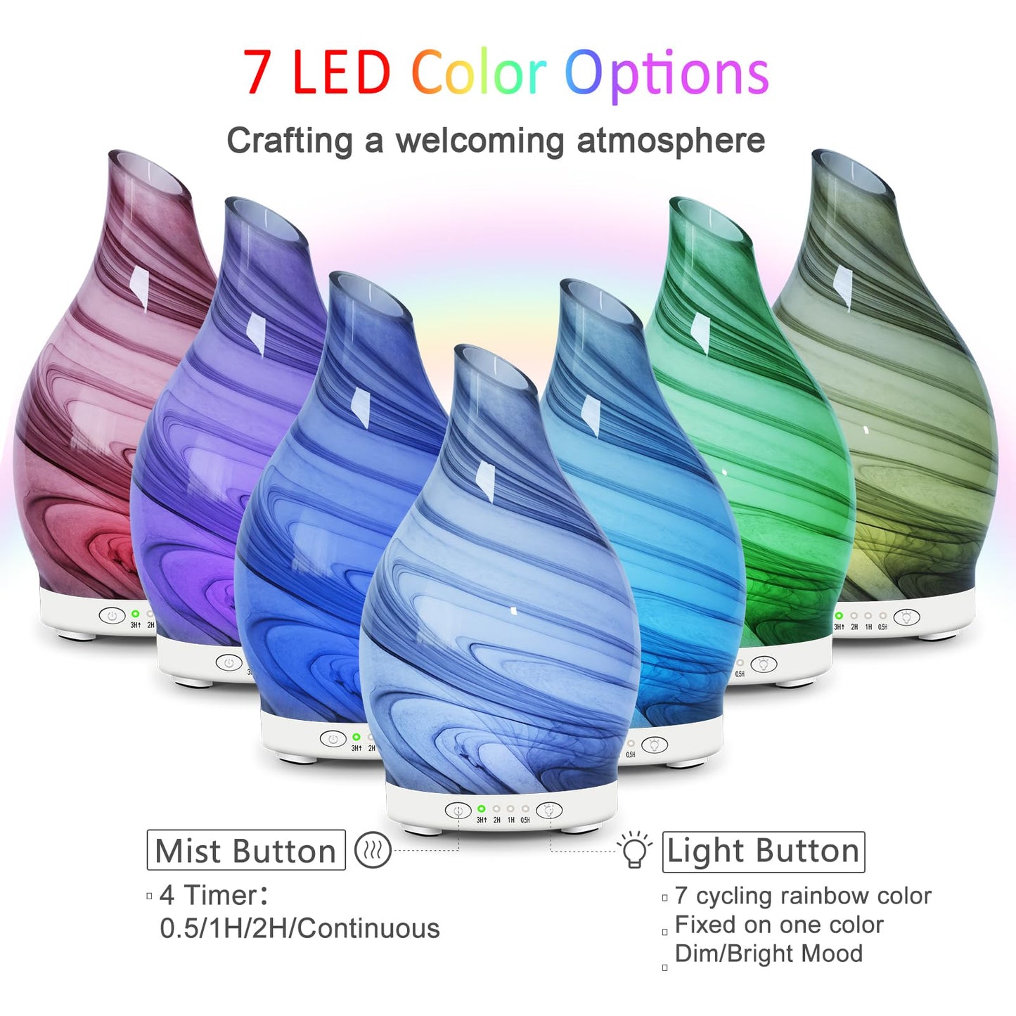 Essential Oil Diffuser 120ML – Glass Aromatherapy with 7 LED Colors & 4 Timers