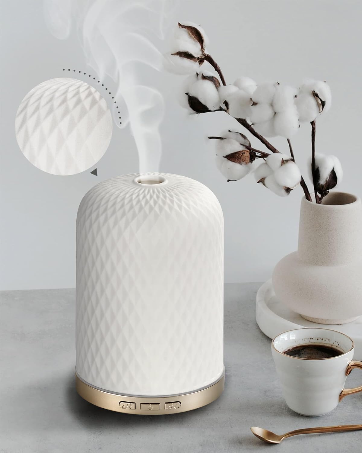 Essential Oil Diffuser 120ML – 2.4MHz Ultrasonic Ceramic Diffuser for Large Rooms | Onaboviva White