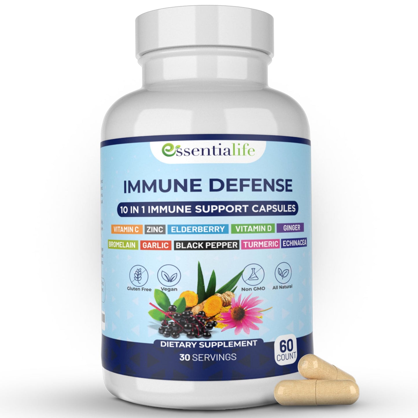 Essentialife Immune Support 10 in 1 – Elderberry, Echinacea, Vitamin D, Vitamin C 1000mg & Zinc – 60 Capsules