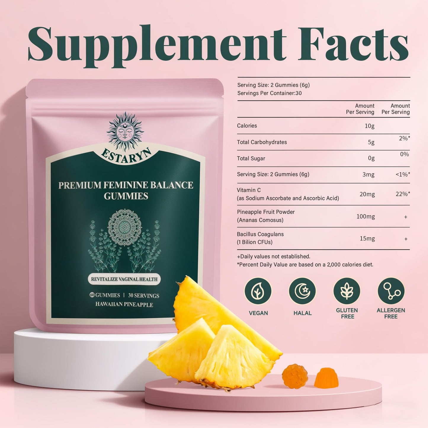 Estaryn Feminine Balance Gummies – Immune Support & pH Balance | Vegan, Gluten Free | Hawaiian Pineapple (60 Gummies, 30 Servings)