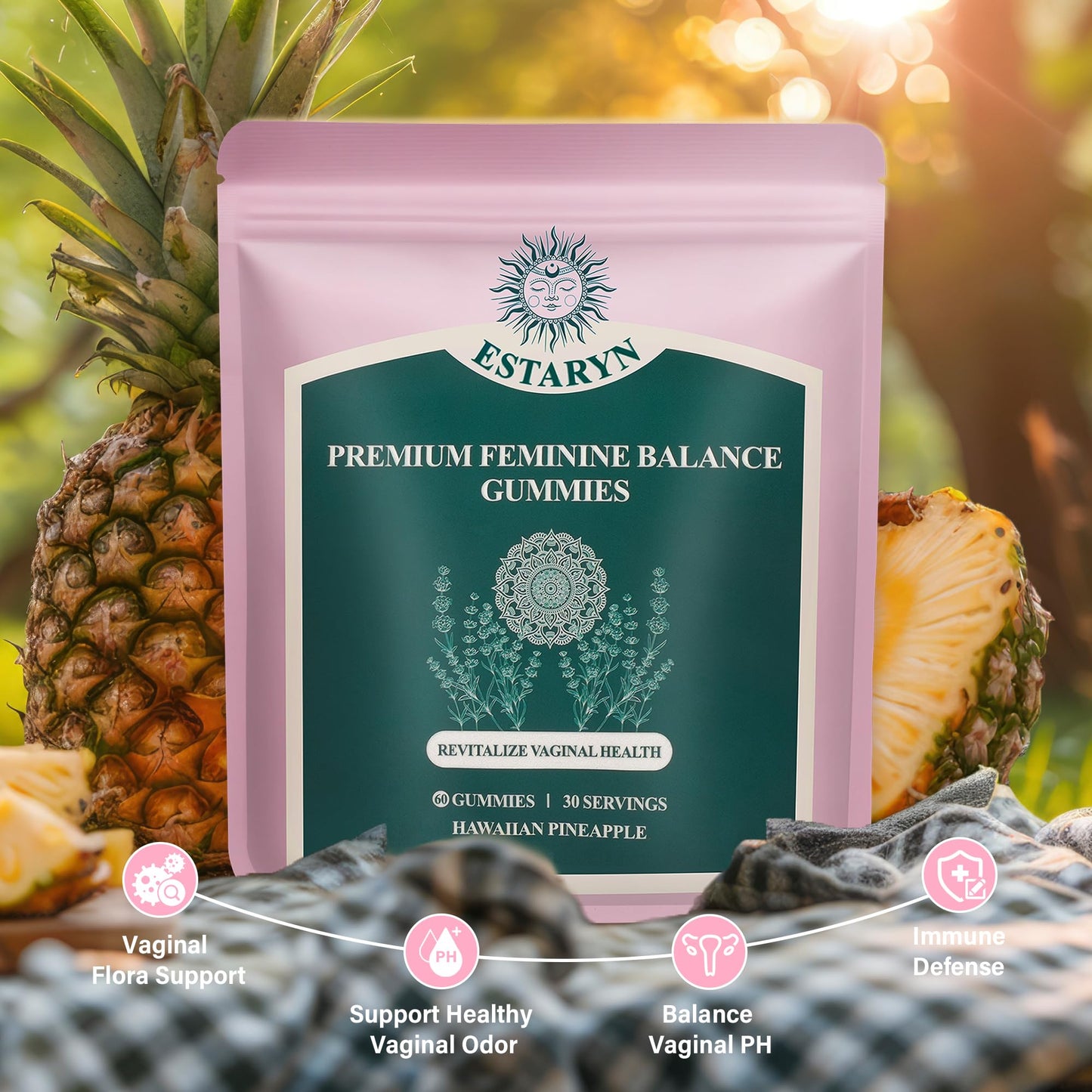 Estaryn Feminine Balance Gummies – Immune Support & pH Balance | Vegan, Gluten Free | Hawaiian Pineapple (60 Gummies, 30 Servings)