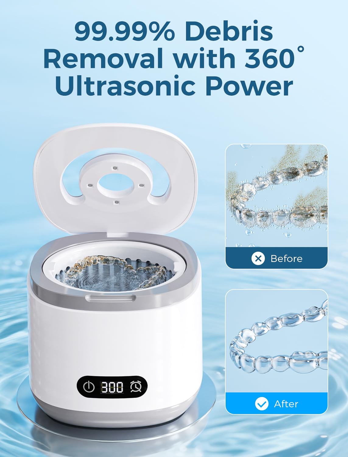 Estefanlo Ultrasonic Retainer Cleaner - 45kHz, LED Auto Timer, 200ml, 3 Modes for Dentures, Aligners & Mouth Guards