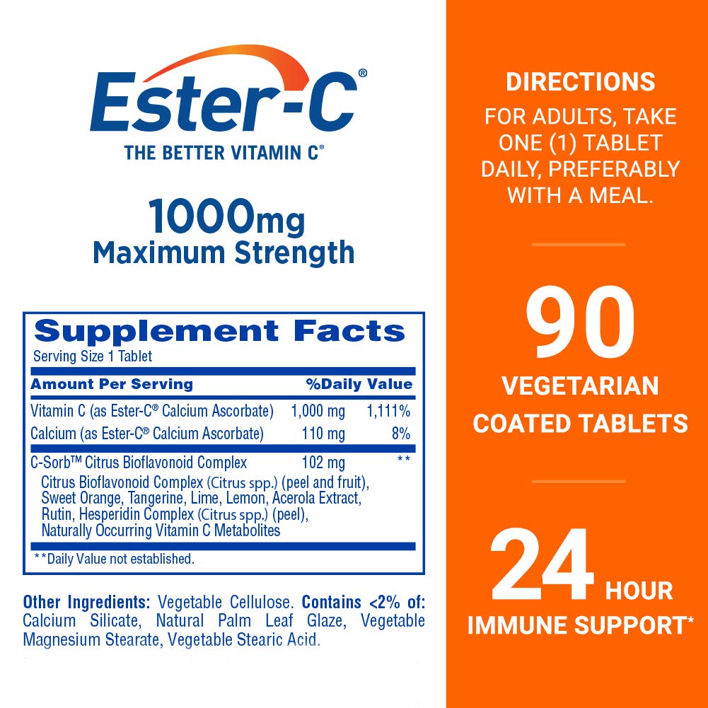 Ester-C Vitamin C 1000 mg – 90 Coated Tablets | Gentle on Stomach