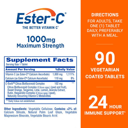 Ester-C Vitamin C 1000 mg – 90 Coated Tablets | Gentle on Stomach