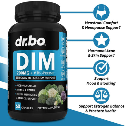 DIM Supplement for Women & Men 200mg - Androgen Estrogen Blocker for Men & Women, Hormonal Acne Pills, Hormone Balance, Menopause Support, Diindolylmethane DIM Supplement Plus BioPerine - 60 Capsules