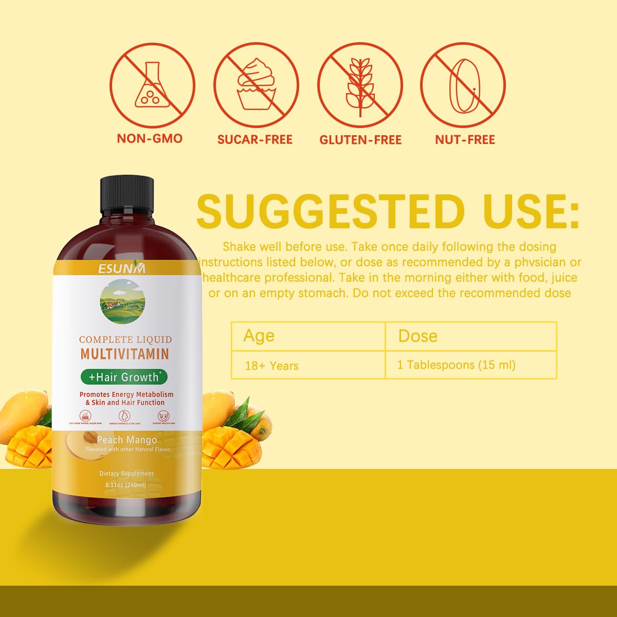 ESUNM Complete Liquid Multivitamin + Hair Growth, Promotes Energy Metabolism & Skin and Hair Function | Vitamin C & D | B Vitamins | Help to Thicker Hair, Wrinkles, Fine Lines, Skin Care