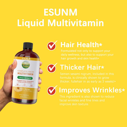 ESUNM Complete Liquid Multivitamin + Hair Growth, Promotes Energy Metabolism & Skin and Hair Function | Vitamin C & D | B Vitamins | Help to Thicker Hair, Wrinkles, Fine Lines, Skin Care