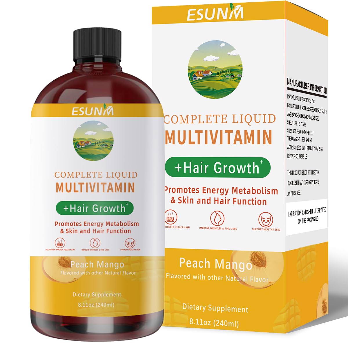ESUNM Complete Liquid Multivitamin + Hair Growth, Promotes Energy Metabolism & Skin and Hair Function | Vitamin C & D | B Vitamins | Help to Thicker Hair, Wrinkles, Fine Lines, Skin Care