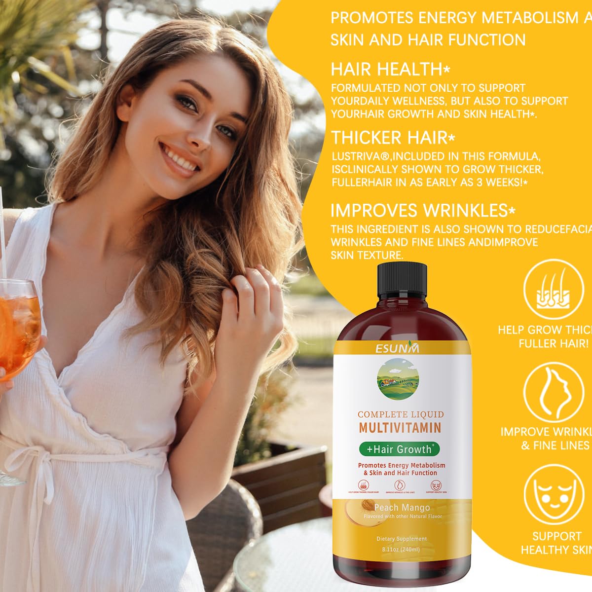 ESUNM Complete Liquid Multivitamin + Hair Growth, Promotes Energy Metabolism & Skin and Hair Function | Vitamin C & D | B Vitamins | Help to Thicker Hair, Wrinkles, Fine Lines, Skin Care