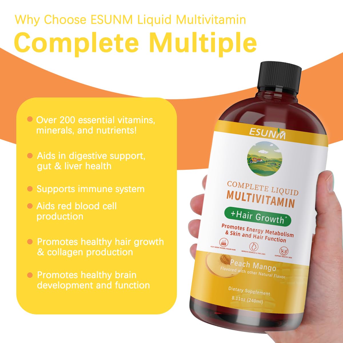 ESUNM Complete Liquid Multivitamin + Hair Growth, Promotes Energy Metabolism & Skin and Hair Function | Vitamin C & D | B Vitamins | Help to Thicker Hair, Wrinkles, Fine Lines, Skin Care