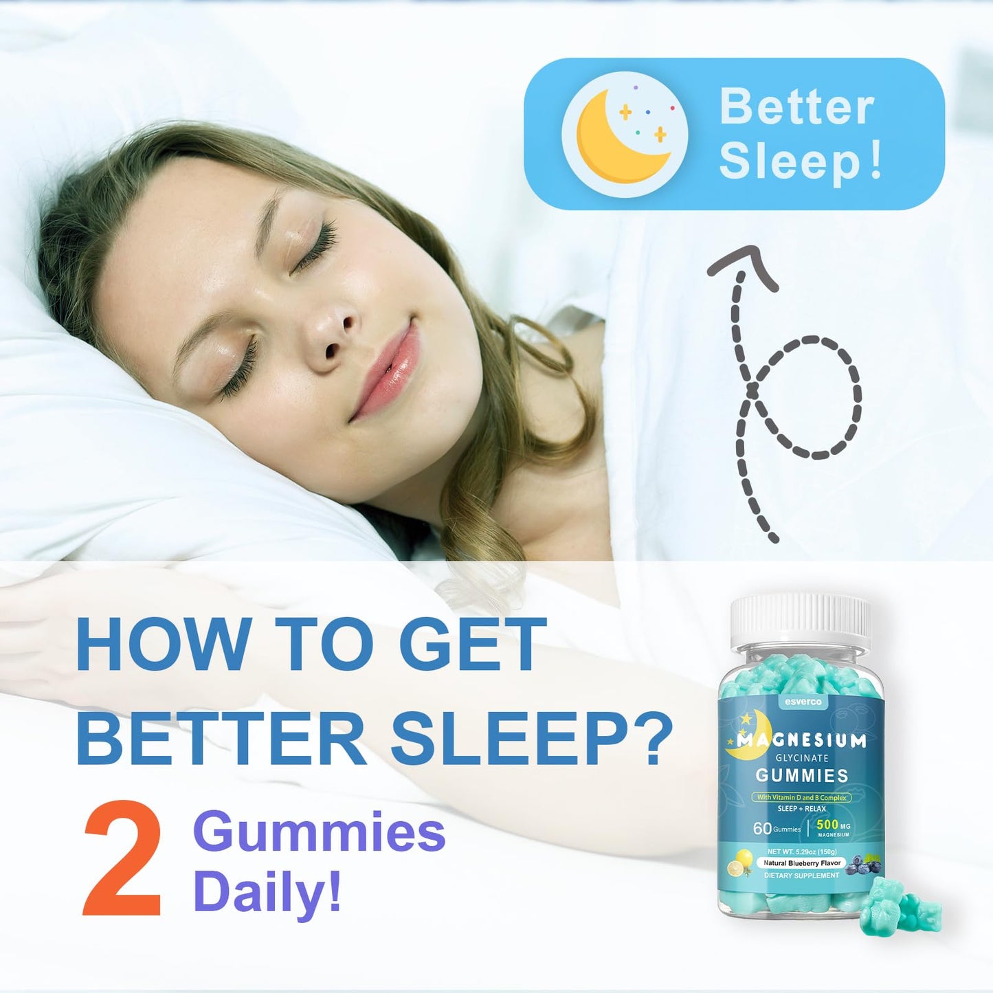 Esverco Magnesium Glycinate Gummies 500mg Sleep Support – Vegan, Non-GMO, 60 Count
