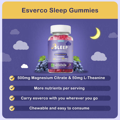 esverco Sleep Gummies | 500mg Magnesium Citrate + L-Theanine for Sleep & Relaxation | Vegan, Grape, 120 Count