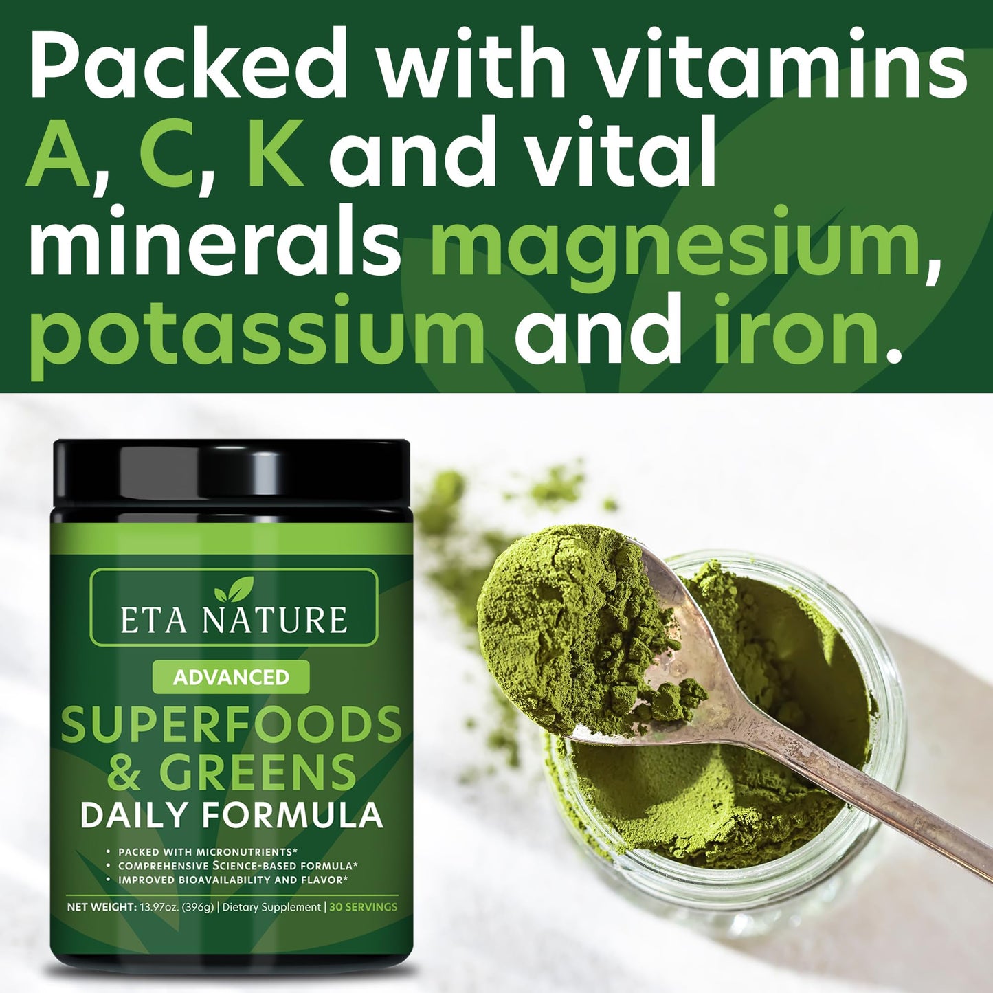 ETANATURE 50 Super Greens Powder - Vegan, Non-GMO Greens Superfood (30 Servings)