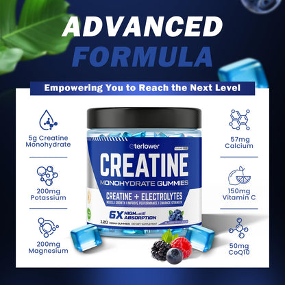 eterlower Creatine Monohydrate Gummies 5g – Blueberry, Sugar Free & Vegan | 120 Count