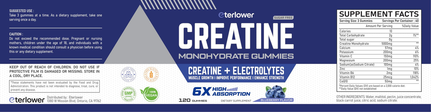 eterlower Creatine Monohydrate Gummies 5g – Blueberry, Sugar Free & Vegan | 120 Count