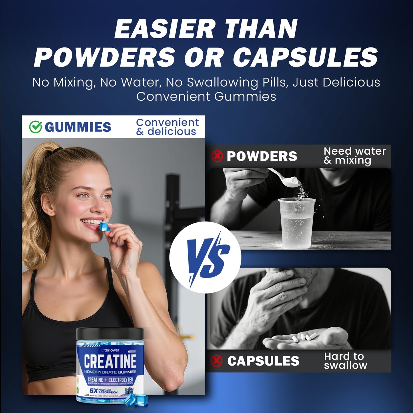 eterlower Creatine Monohydrate Gummies 5g – Blueberry, Sugar Free & Vegan | 120 Count