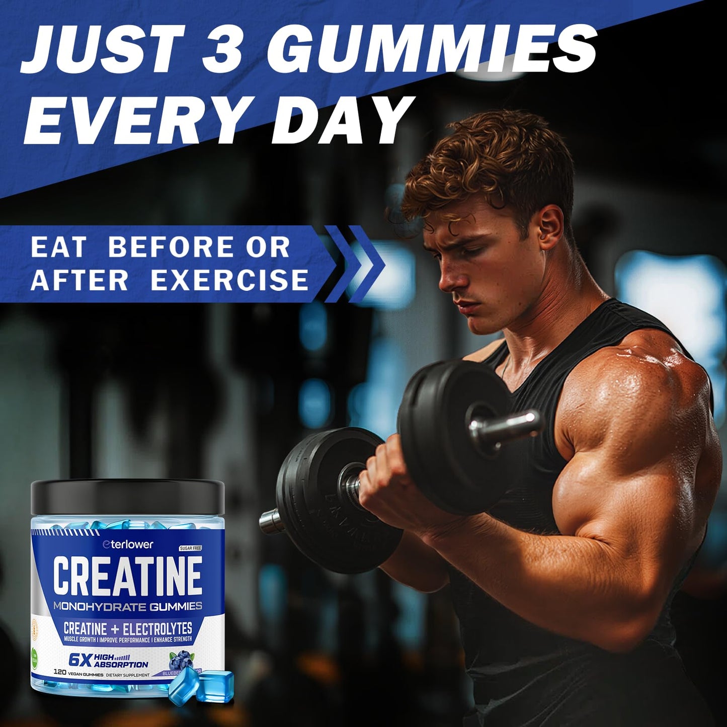 eterlower Creatine Monohydrate Gummies 5g – Blueberry, Sugar Free & Vegan | 120 Count