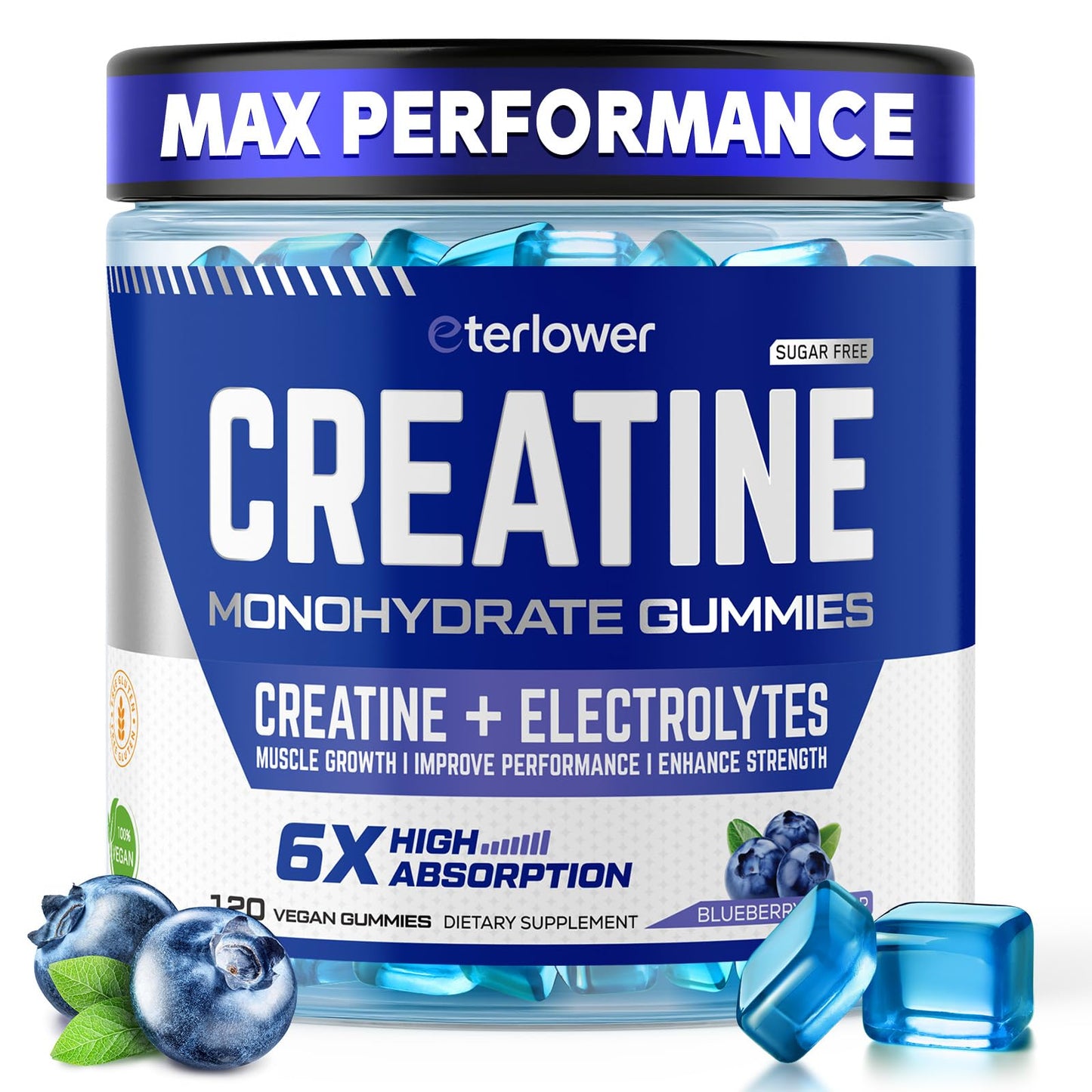 eterlower Creatine Monohydrate Gummies 5g – Blueberry, Sugar Free & Vegan | 120 Count