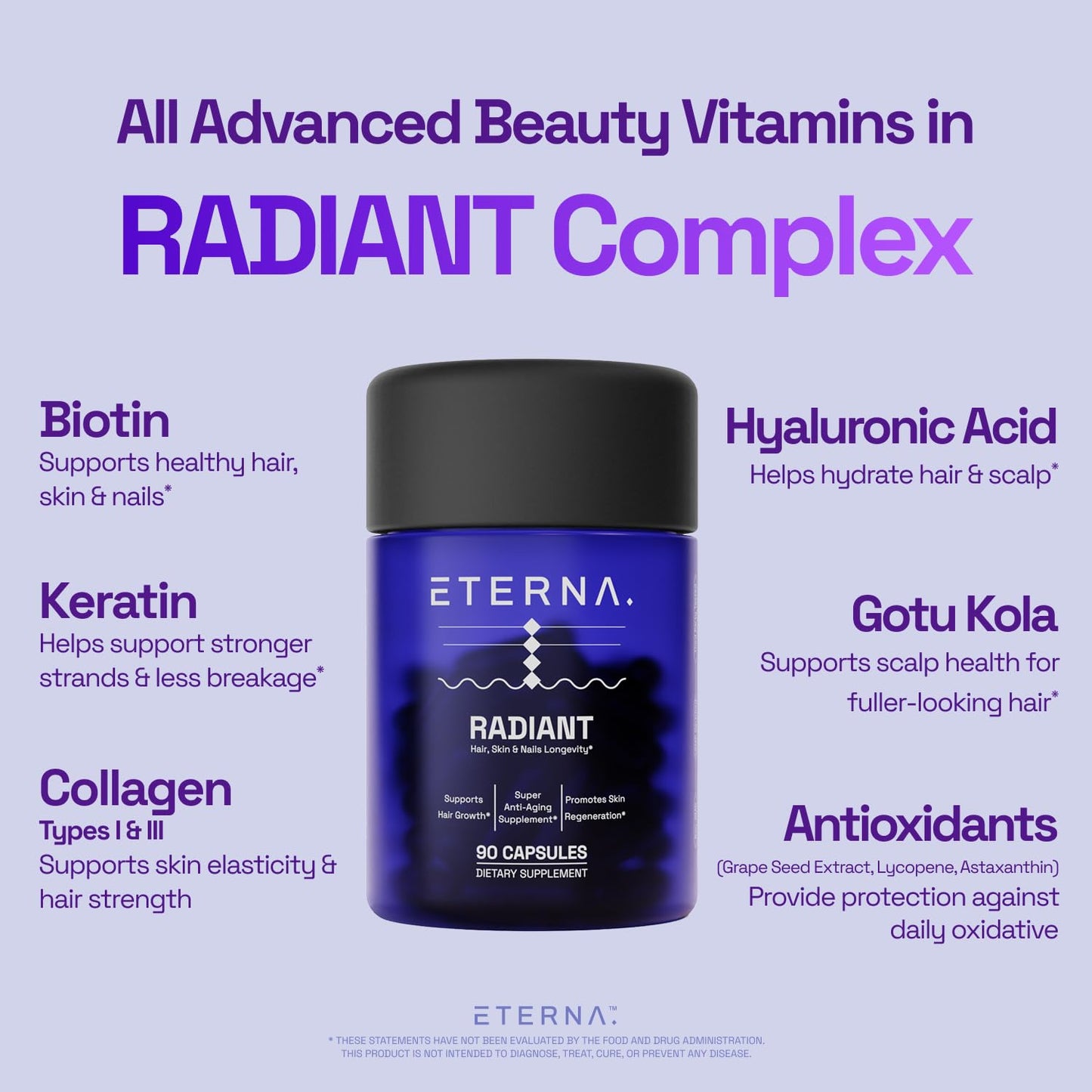 ETERNA RADIANT Healthy Hair Growth Supplement – Biotin, Collagen, Keratin, Hyaluronic Acid | 10-in-1 Formula | 1 Month Supply