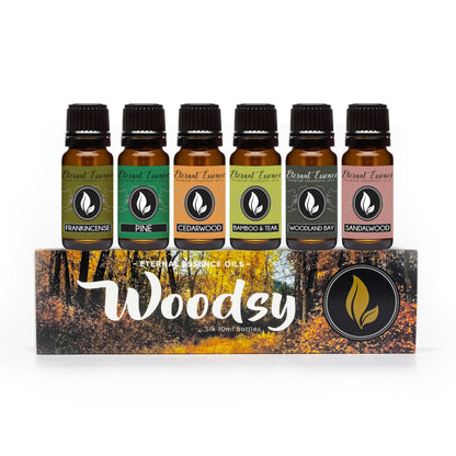 Woodsy Premium Fragrance Oils Set (6-Pack) – Pine, Cedar Wood, Sandalwood, Woodland Bay & Frankincense | Eternal Essence Oils