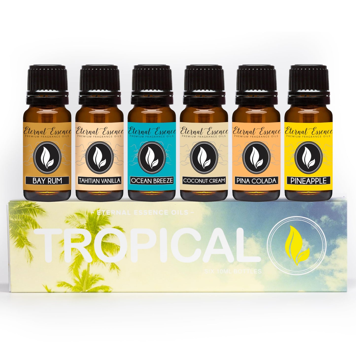 Eternal Essence Oils Tropical Set – 6 x 10ml Fragrance Oils (Coconut Cream, Bay Rum, Pina Colada, Tahitian Vanilla, Ocean Breeze, Pineapple)