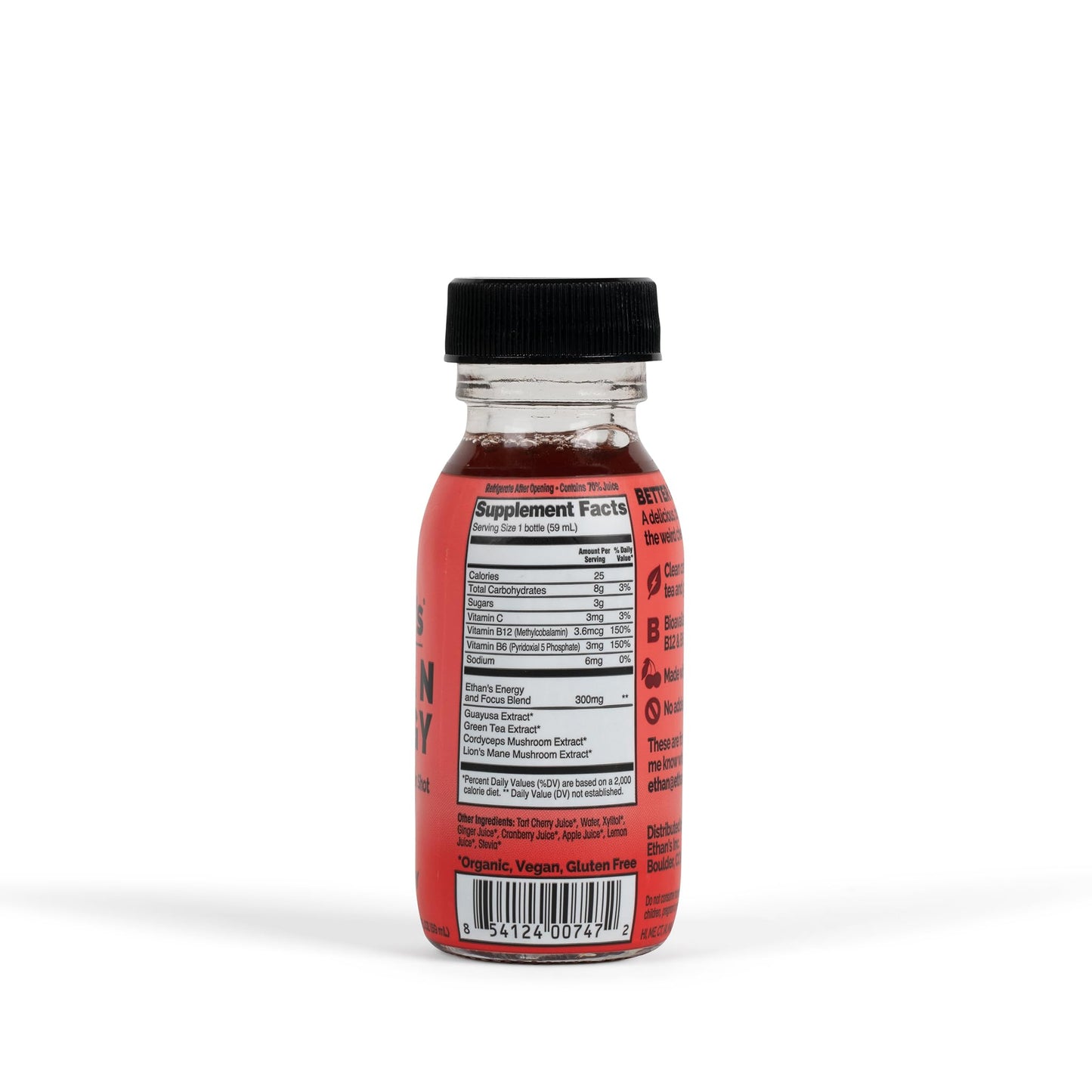 Ethan's Organic Tart Cherry Energy Shots - Sugar Free, Gluten Free, Vegan (2 Pack, 2oz)