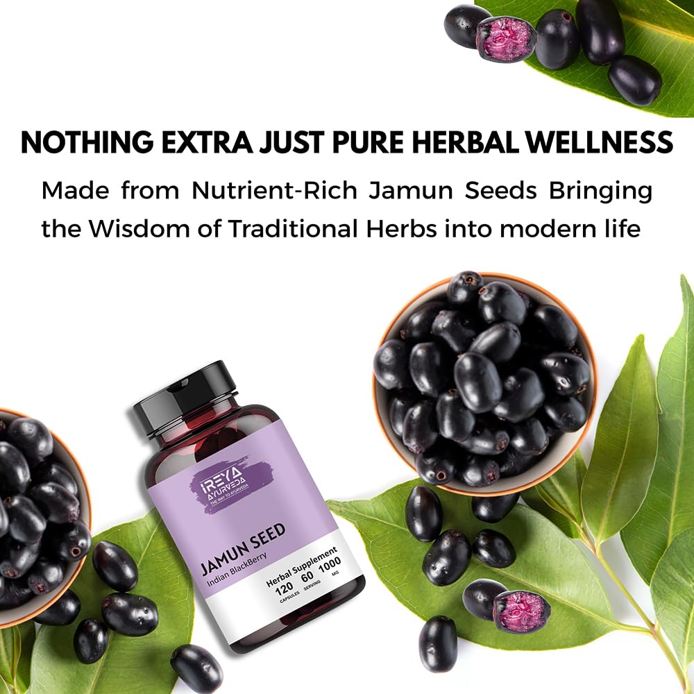 Ireya Ayurveda Jamun Seed 1000mg (120 Capsules) – Organic Indian Blackberry (Eugenia jambolana) – 60-Day Supply