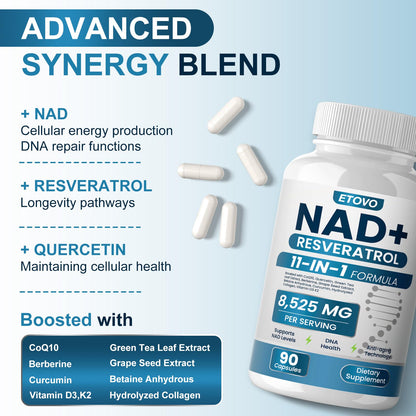 ETOVO NAD+ Supplement – Liposomal NAD Booster with Resveratrol, Quercetin & Curcumin (2 Bottles, 90 Capsules Each)